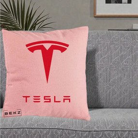Perna Personalizata cu emblema Tesla, 40x40 cm, Roz, Husa Detasabila, Perna Inclusa, BEKZ®