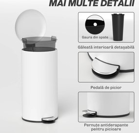 HOMCOM Coș de Gunoi cu Pedală de 30L, Capac cu Închidere Delicată, Metal și PP, 36x30x63.5 cm, Crem | Aosom Romania