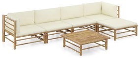 Set mobilier de gradina, 6 piese, perne alb crem, bambus Crem, 2x mijloc + 2x colt + suport pentru picioare + masa, 1