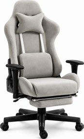 Scaun Gaming cu Masaj 7 Puncte și Încălzire, Telecomanda, Cotiere 3D, Reclinare 180°, Suport Picioare, Catifea, Gri