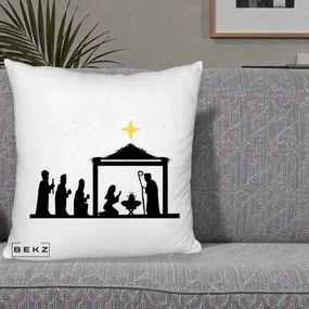 Perna Decorativa Nasterea Pruncului Silueta Neagra si Stea Aurie, 40x40 cm, Alb Pufos, Husa Detasabila, Perna Inclusa, BEKZ®