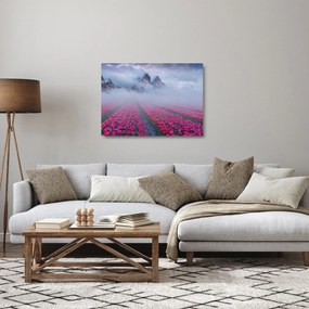 Tablou pe sticlă - Peisaj cu câmpuri de lalele (70x50 cm)