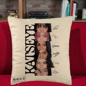Perna Personalizata K-pop KATSEYE Semnaturi Membre Foto, 40x40 cm, Bej, Husa Detasabila, Perna Inclusa, BEKZ®