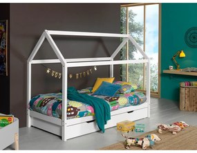 Pat pentru copii alb de tip casă/cu extensie suplimentară din lemn masiv de pin cu spațiu de depozitare 90x200 cm DALLAS – Vipack