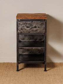 Noptiera din metal si lemn reciclat, cu sertar si 2 rafturi, aspect vintage, Oregon