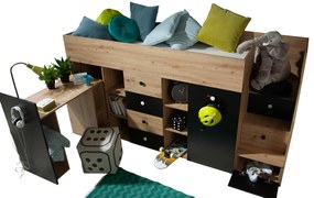 Pat pentru copii combinat 90 cm Sami 3 (Stejar artisan + negru mat + mânere albe) (S). 1085816