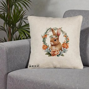 Perna Decorativa Iepuras Floral Coronita Acuarela, 40x40 cm, Bej Canapea, Husa Detasabila, Perna Inclusa, BEKZ®