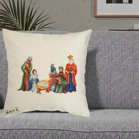 Perna Decorativa Nasterea Domnului Cei Trei Magi Acuarela, 40x40 cm, Ecru, Husa Detasabila, Perna Inclusa, BEKZ®