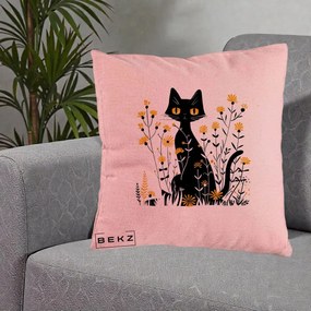 Perna Decorativa Pisica Neagra Ochi Galbeni Flori Galbene, 40x40 cm, Roz, Husa Detasabila, Perna Inclusa, BEKZ®