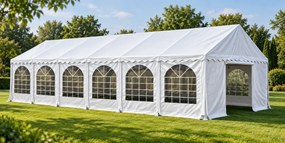Cort evenimente Economy, 6 × 12 m, 72 m², PVC 440 g/m², structură metalică ranforsată, 12 ferestre, înălțime 3 m, Alb,