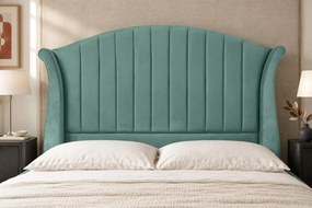 Pat tapițat din catifea Sorella Simple Line 140×200 cm, verde marin, cu ladă de depozitare