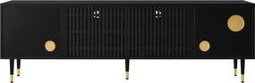 Comodă TV cu front din plasă metalică și accente aurii, 4 uși, 170x36x54 cm, Negru