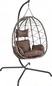 Fotoliu leagan suspendat, cos pliabil, perne moi, rezistent la UV, împletitură PE ratan, structură metalică, pentru interior și exterior, Maro
