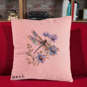 Perna Decorativa Libelula Acuarela Flori Albastre, 40x40 cm, Roz, Husa Detasabila, Perna Inclusa, BEKZ®