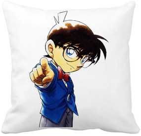 Perna Decorativa cu Detective Conan, 40x40 cm, Alba, Mata, Husa Detasabila, Burduf