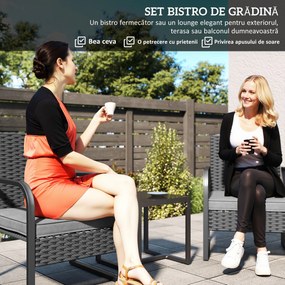 Outsunny Set de Grădină 3 Piese din Rattan PE și Oțel, Set cu 2 Fotolii cu Perne Lavabile și Măsuță de Cafea cu Blat din Sticlă, Set de Mobilier pentru Balcon, Terasă sau Curte, Gri Închis și Negru | Aosom Romania