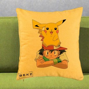 Perna Personalizata Ash si Pikachu, 40x40 cm, Galben, Husa Detasabila, Perna Inclusa, BEKZ®