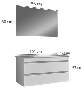 Mobilier de baie Cube 100 cm cu chiuvetă ceramică (2 sertare) și oglindă 60x100 cm vopsită în alb lucios