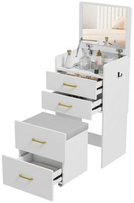 HOMCOM Coasă cu oglindă și taburet 3 în 1, 3 sertare și placă de sticlă vizibilă, pernă tapitată, 48 x 40 x 90 cm, alb | Aosom Romania