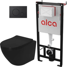 Pachet vas wc suspendat Rea Carlo, capac softclose, rama instalare Alcadrain si clapeta Alcadrain negru