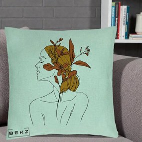 Perna Decorativa Portret Feminin Crin Ruginiu Auriu, 40x40 cm, Verde Menta, Husa Detasabila, Perna Inclusa, BEKZ®