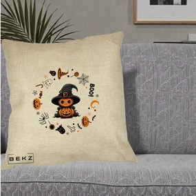 Perna Decorativa Halloween Dovleac Vrajitor Boo cu Simboluri, 40x40 cm, Crem, Husa Detasabila, Perna Inclusa, BEKZ®