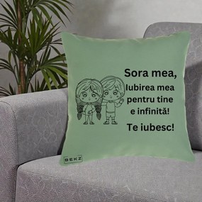 Cadou pentru Sora - Perna Personalizata Sora Mea Te Iubesc Copii Anime Line Art, 40x40 cm, Verde, Husa Detasabila, Perna Inclusa, BEKZ®