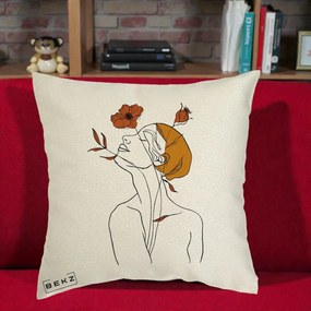 Perna Decorativa Portret Feminin Mac Privire Inalta, 40x40 cm, Ecru, Husa Detasabila, Perna Inclusa, BEKZ®