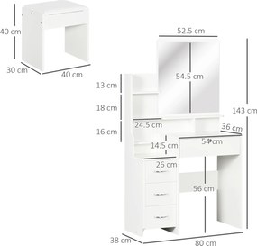 HOMCOM Post de machiaj cu oglindă mare din sticlă temperată, tocător de machiaj cu scaun căptușit, 4 sertare și 4 rafturi, post de machiaj pentru dormitor, alb | Aosom Romania