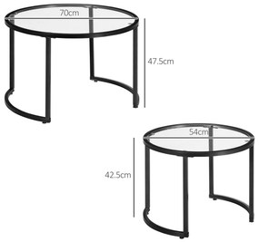 HOMCOM Set de 2 Mese de Cafea Suprapozabile din Sticlă și Oțel, Ø70x47.5 cm și Ø54x42.5 cm, Negru | Aosom Romania
