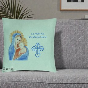 Cadou de Onomastica - Perna Personalizata Sfanta Marie Icoana Acuarela, 40x40 cm, Verde Menta, Husa Detasabila, Perna Inclusa, BEKZ®