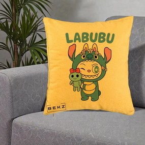 Perna Personalizata Labubu x Stitch cu Flori, 40x40 cm, Galben, Husa Detasabila, Perna Inclusa, BEKZ®