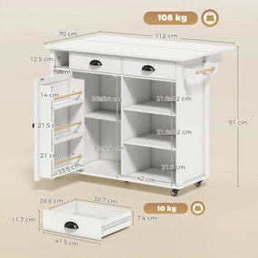 HOMCOM Insulă de Bucătărie cu Roți Blat Rabatabil Suport Condimente Suport Prosoape Dulap 2 Sertare 117,5x70x91 cm Alb | Aosom Romania