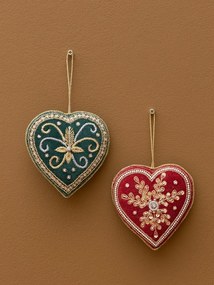 Set 2 ornamente decorative din catifea, verde și bordo, formă de inimă, broderii din fir auriu și contur din perle, 11 x 11 cm, „Cœur”