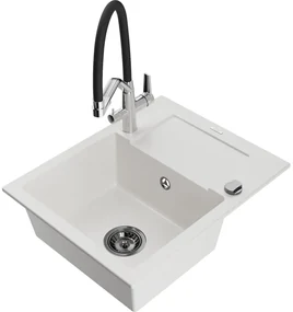 Mexen Enzo chiuvetă de granit cu un compartiment, cu picurător și baterie de bucătărie Duo, Albă - 6506-20-671701-07-B