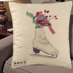 Perna Decorativa Cardinal Rosu pe Patina de Gheata, 40x40 cm, Bej, Husa Detasabila, Perna Inclusa, BEKZ®