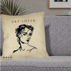 Perna Decorativa Art Lover Portret Grafic, 40x40 cm, Crem, Husa Detasabila, Perna Inclusa, BEKZ®