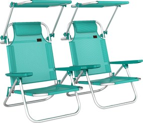 Outsunny Set de 2 scaune de plajă pliabile cu copertină reglabilă spătar rabatabil în 6 poziții tetieră turcoaz | Aosom Romania