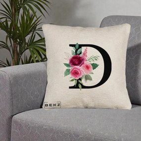 Cadou Personalizat - Perna Personalizata Monograma Florala Litera D, 40x40 cm, Bej Canapea, Husa Detasabila, Perna Inclusa, BEKZ®