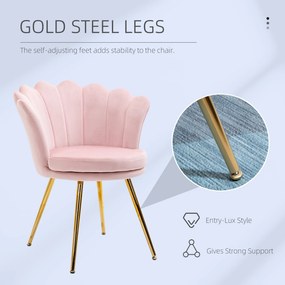 HOMCOM Scaun Imbottit Tip Scoică din Catifea, Scaunel Vintage cu Picioare Aurite, Scaun de Machiaj pentru Cameră și Sufragerie, Roz | Aosom Romania