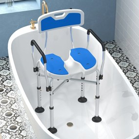 HOMCOM Scaun de Duș cu Spătar, Brațe, Șezut Canelatat, Bare de Ranforsare și Înălțime Reglabilă, 53x41,5x78,5-91,5 cm, Albastru | Aosom Romania