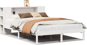 vidaXL Pat cu bibliotecă fără saltea, alb, 135x190 cm, lemn masiv pin