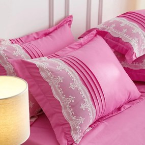 Lenjerie de pat uni cu pliuri si broderie, tesatura tip finet, 6 piese, pat 2 persoane, roz, FNJS-49