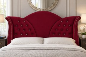 Pat tapițat Chesterfield din catifea Velora Cristal 140×200 cm, vișiniu, cu ladă de depozitare