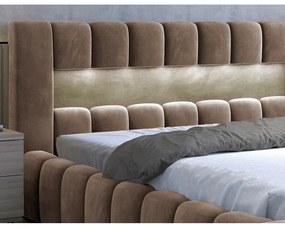 Pat matrimonial maro deschis tapițat cu spațiu de depozitare cu somieră 160x200 cm Lamica – ELTAP