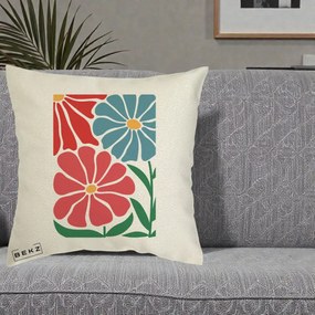 Perna Decorativa Flori Grafice Rosu-Albastru, 40x40 cm, Ecru, Husa Detasabila, Perna Inclusa, BEKZ®