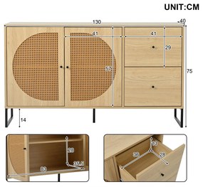 Comodă Modernă cu 2 Uși Decorate în Rattan și 2 Sertare, Multiuso pentru Living, Bucătărie și Birou, 130x40x75 cm, Culoare naturală