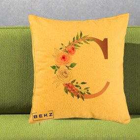 Cadou Personalizat - Perna Personalizata Monograma Rose Gold Litera C, 40x40 cm, Galben, Husa Detasabila, Perna Inclusa, BEKZ®