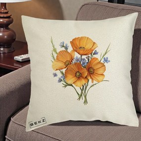 Perna Decorativa Maci Portocalii cu Floricele Albastre, 40x40 cm, Ecru, Husa Detasabila, Perna Inclusa, BEKZ®