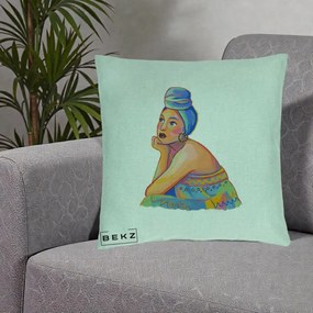Perna Decorativa Portret Femeie Contemplativa, 40x40 cm, Verde Menta, Husa Detasabila, Perna Inclusa, BEKZ®